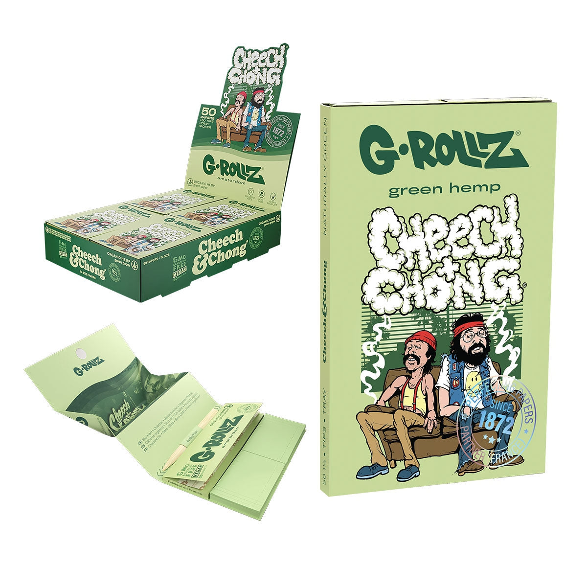 Papeles Cheech & Chong™ 'Sofa' Green - Tamaño 1 1/4 + Boquillas y Bandeja