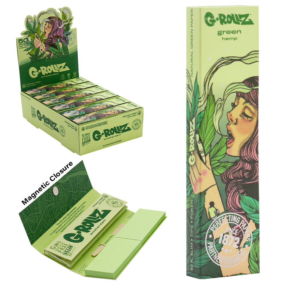 'Mushroom Lady' Organic Green Hemp - 50 KS Slim Papers + Tips