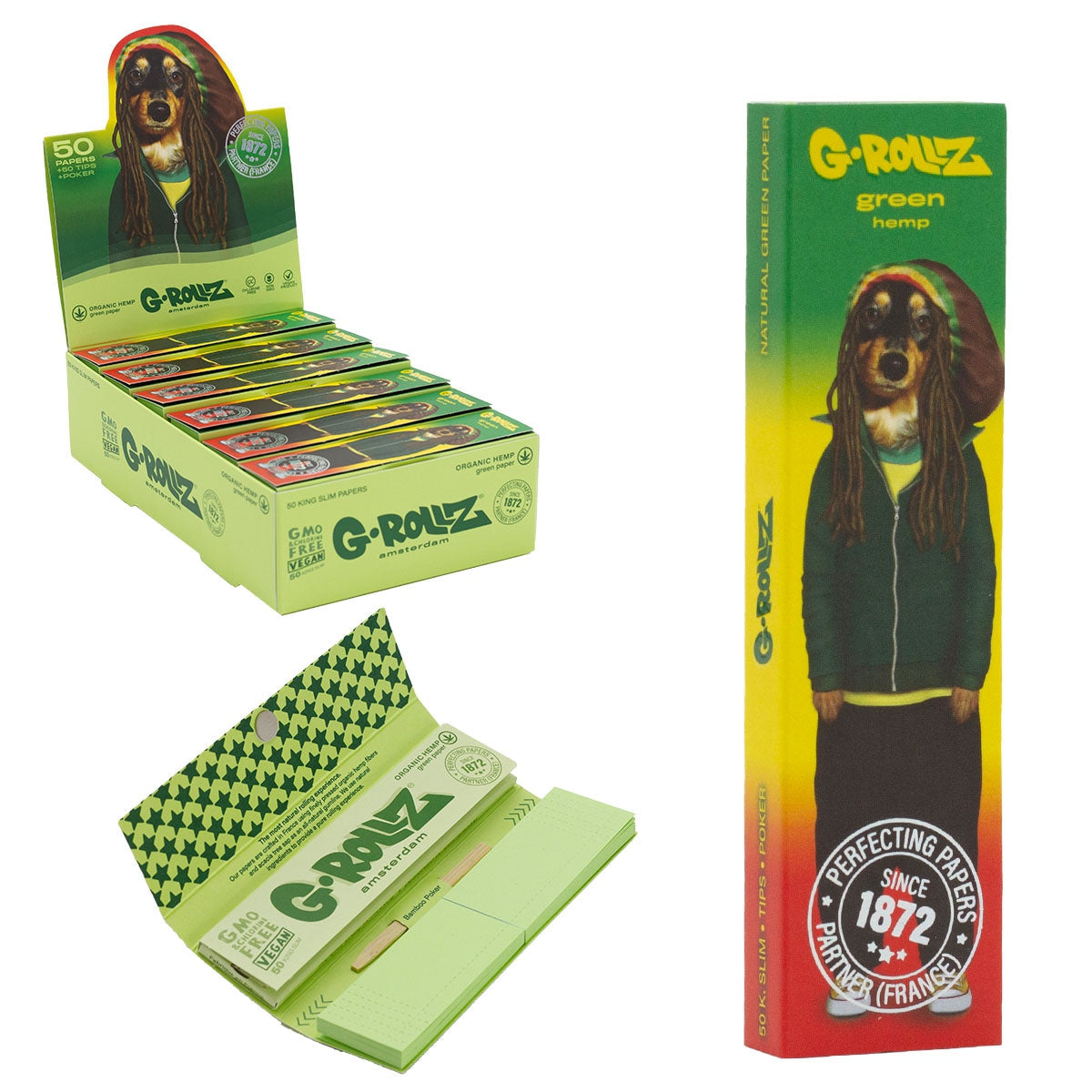 'Reggae' Green Hemp - 50 KS Slim Papers + Tips