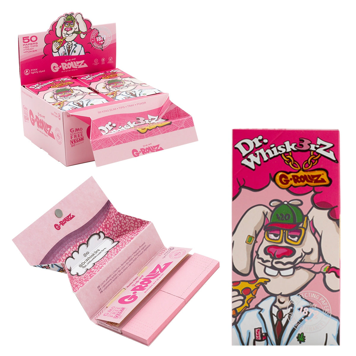 Dr. Whiskerz' Lightly Dyed Pink - 50 KS Slim Papers + Tips & Tray